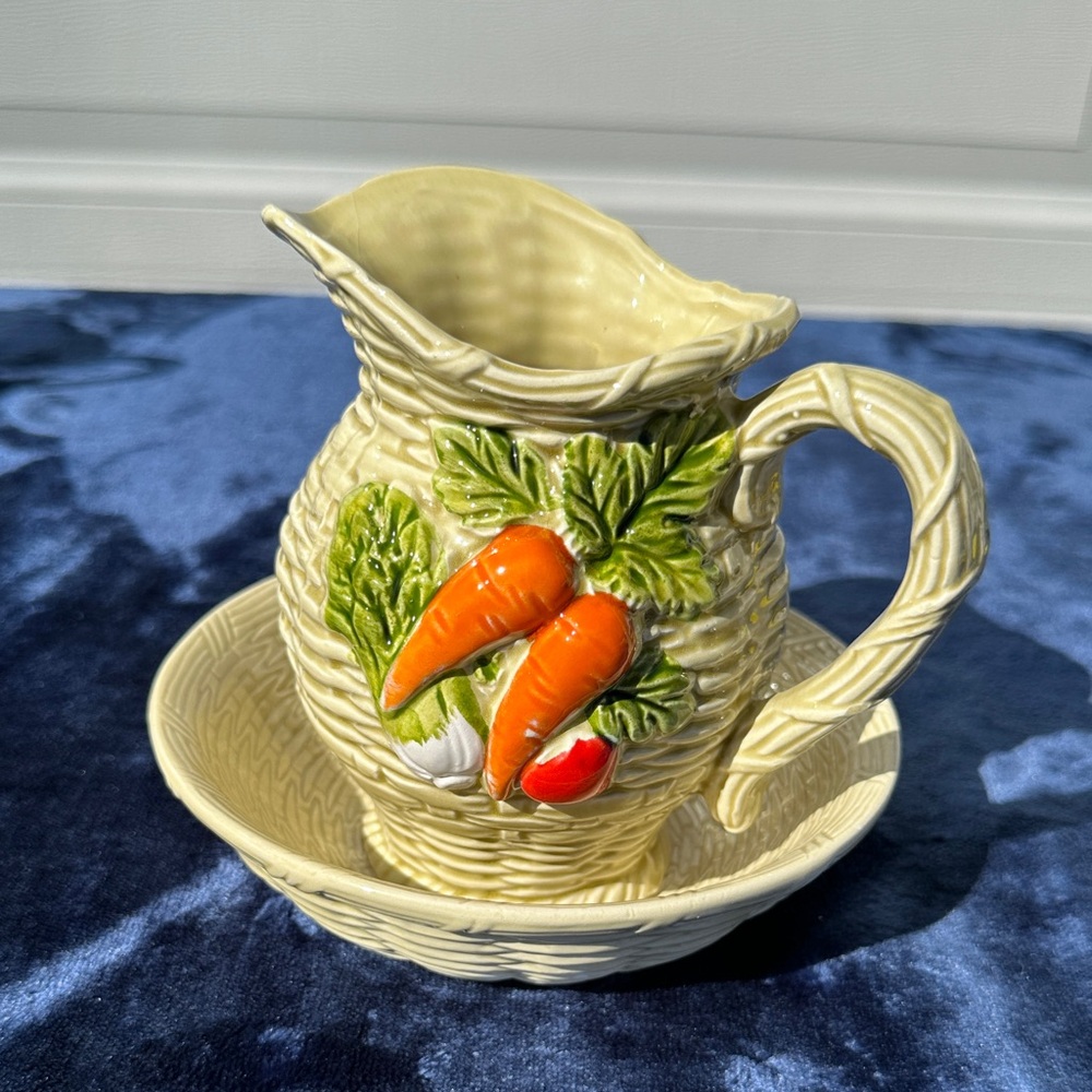 Vintage Lefton Green Basket Weave w/Vegetables Ceramic Pitcher w/Saucer Set